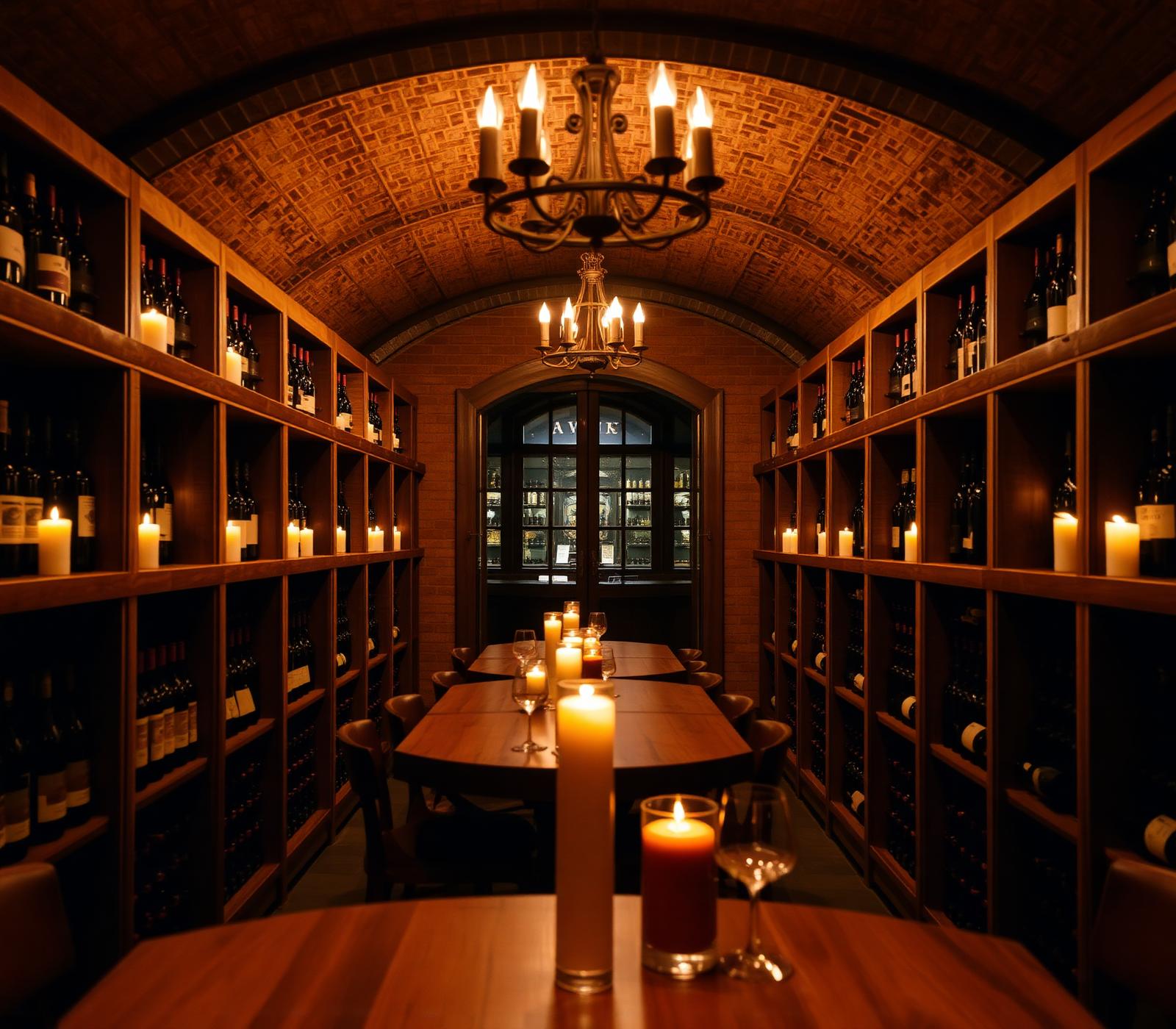 Candlelit wine cellar with rows of bottles