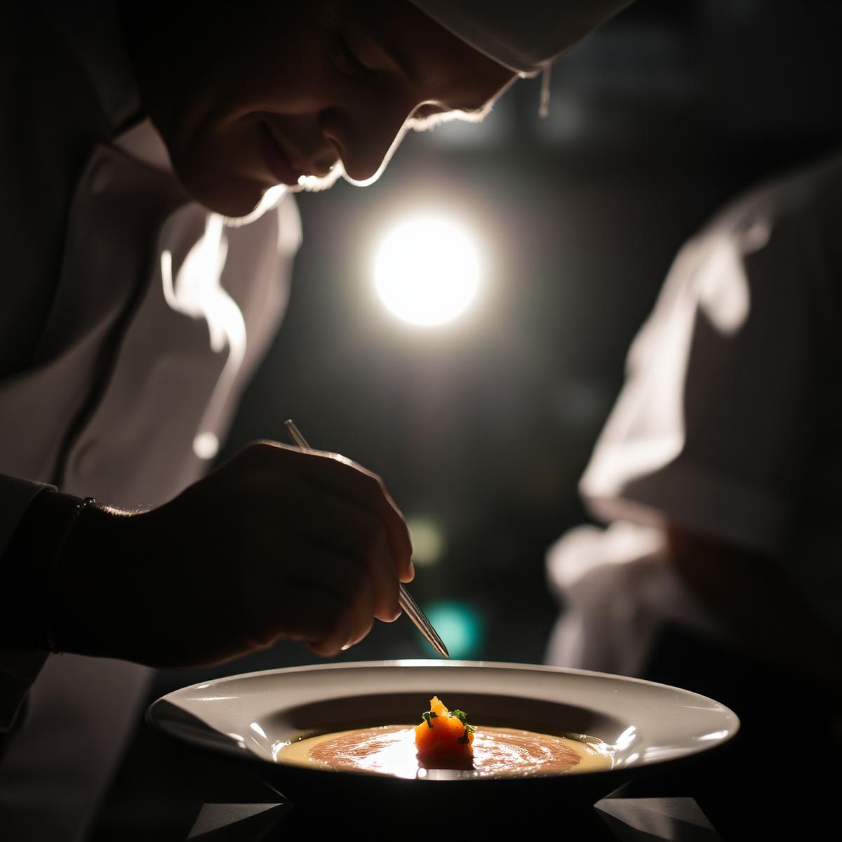 Chef's hands plating with tweezers under a single pool of warm light