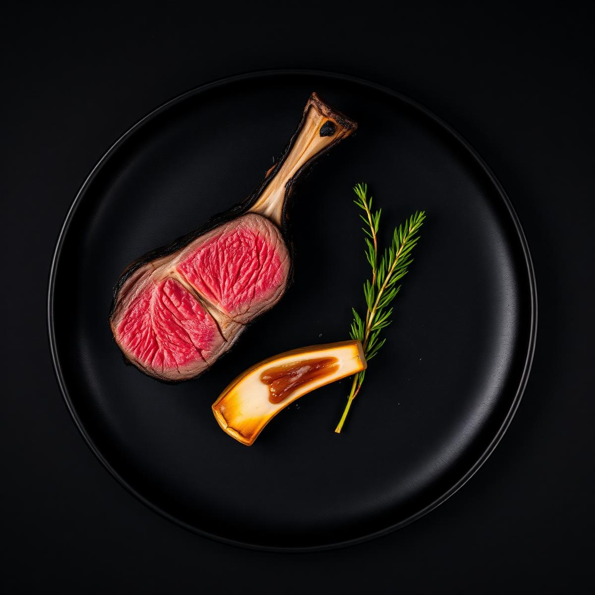 Aged rib of beef with bone marrow and thyme on black plate