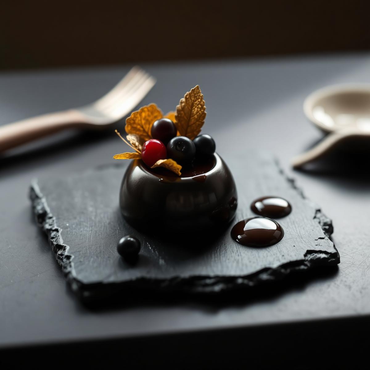 Dark chocolate dessert with berries and gold leaf on slate