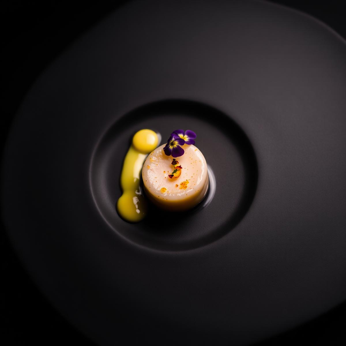Single scallop with saffron cream and edible violet on black plate