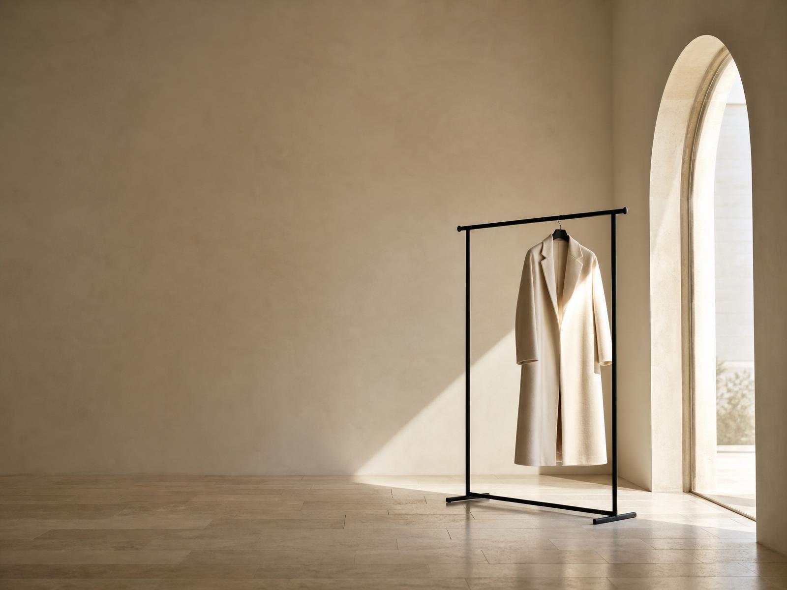 Empty travertine gallery with a single garment on a black rail lit by directional daylight