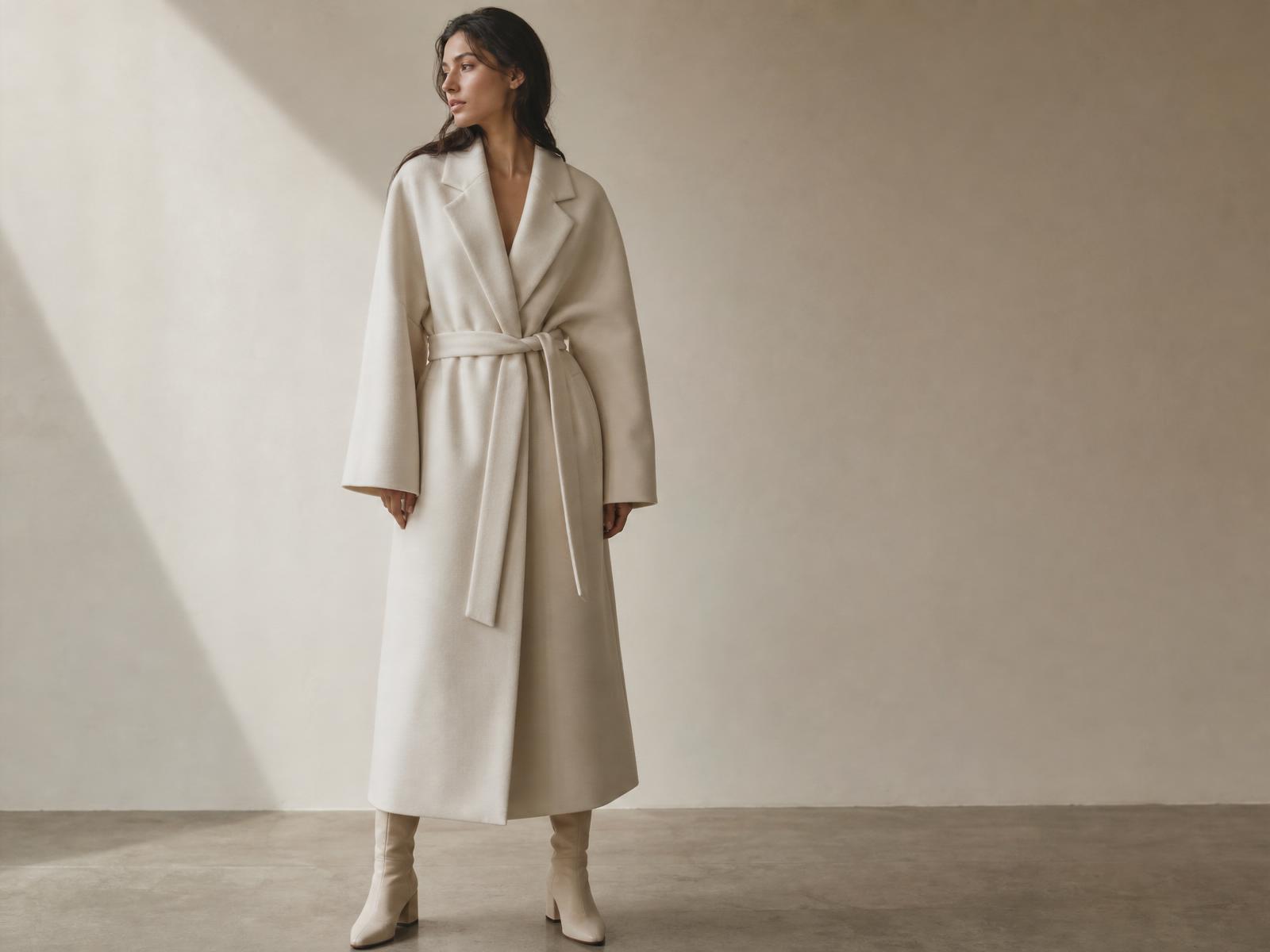 Full-length editorial photograph of a model in a bone double-face wool coat, standing in a travertine corridor lit by cool daylight