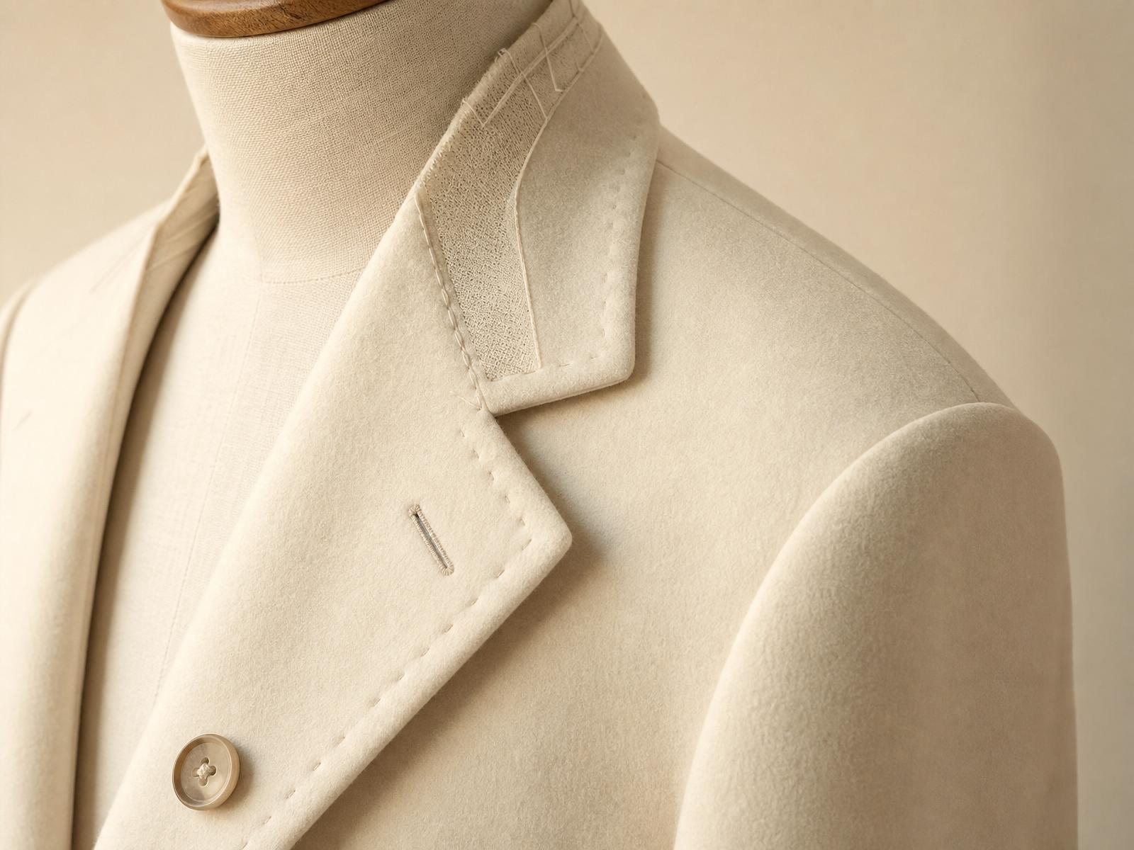 Macro photograph of a lapel roll and interior canvas structure with hand pick-stitching