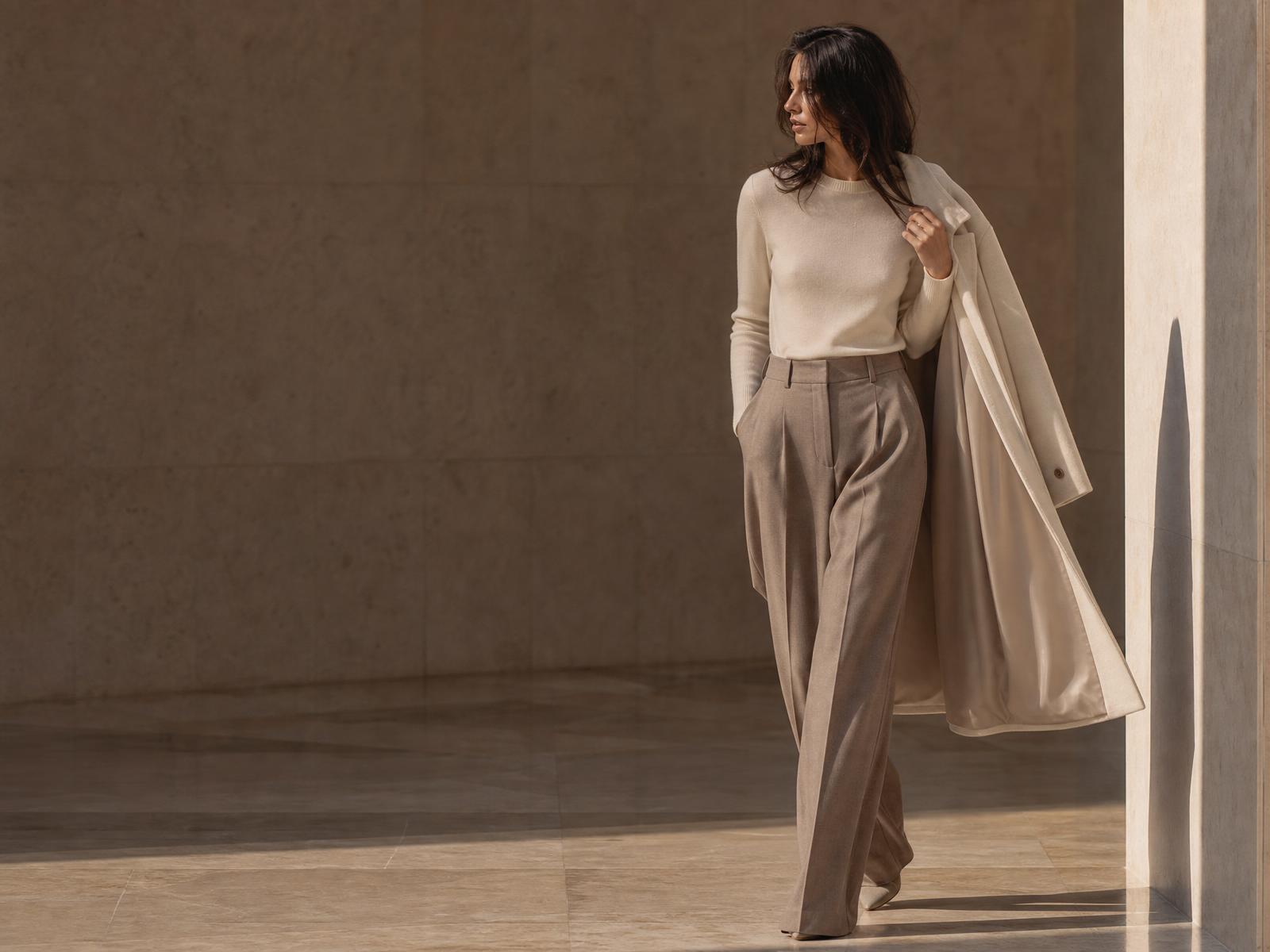 Model in an oyster silk bias-cut dress standing in a daylight travertine corridor