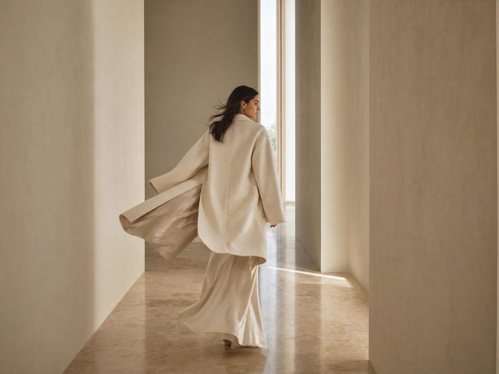 Model in a cream cashmere knit and wide tailored trousers, fabric captured mid-movement