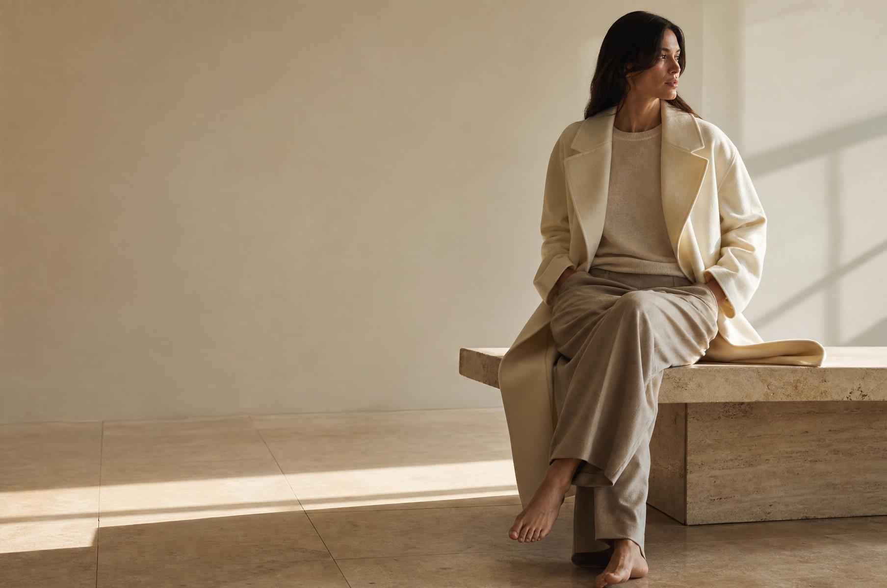 Campaign photograph — figure in bone wool against a travertine wall, deep negative space on the left for typography
