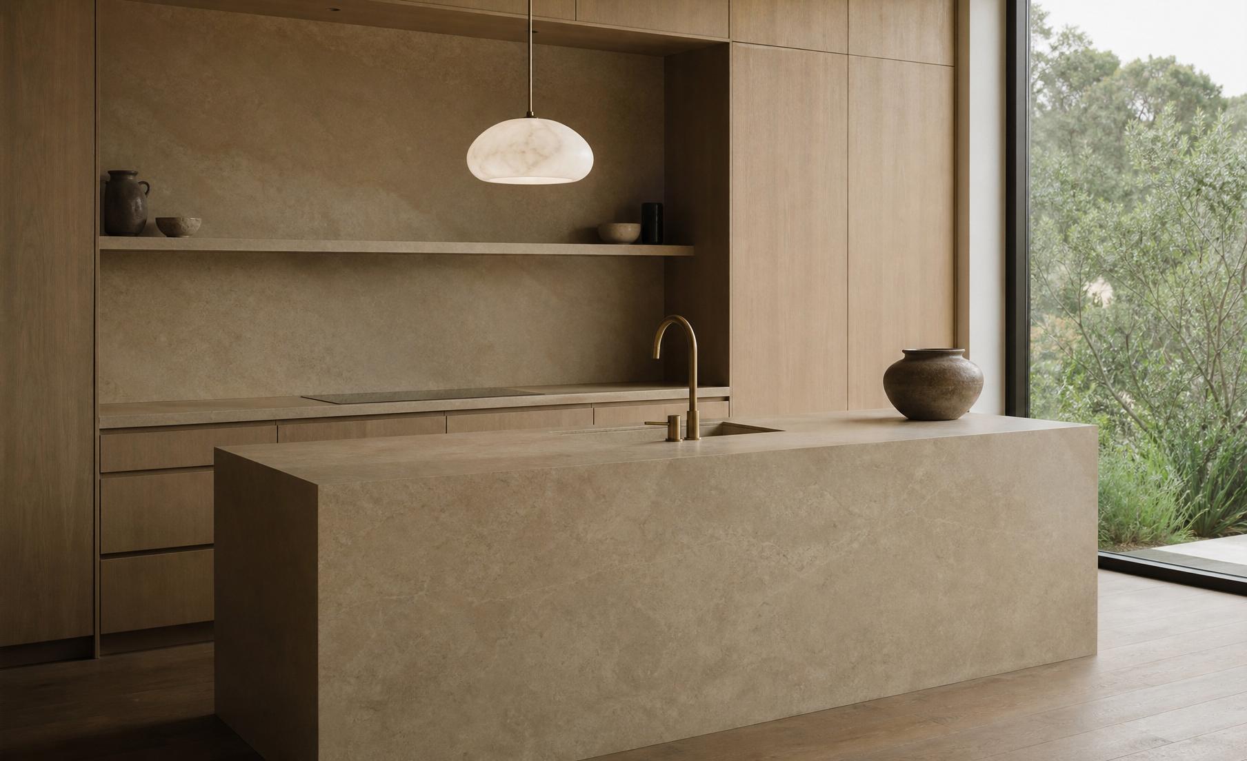 Bespoke kitchen with monolithic limestone island, matte oak cabinetry and alabaster pendant