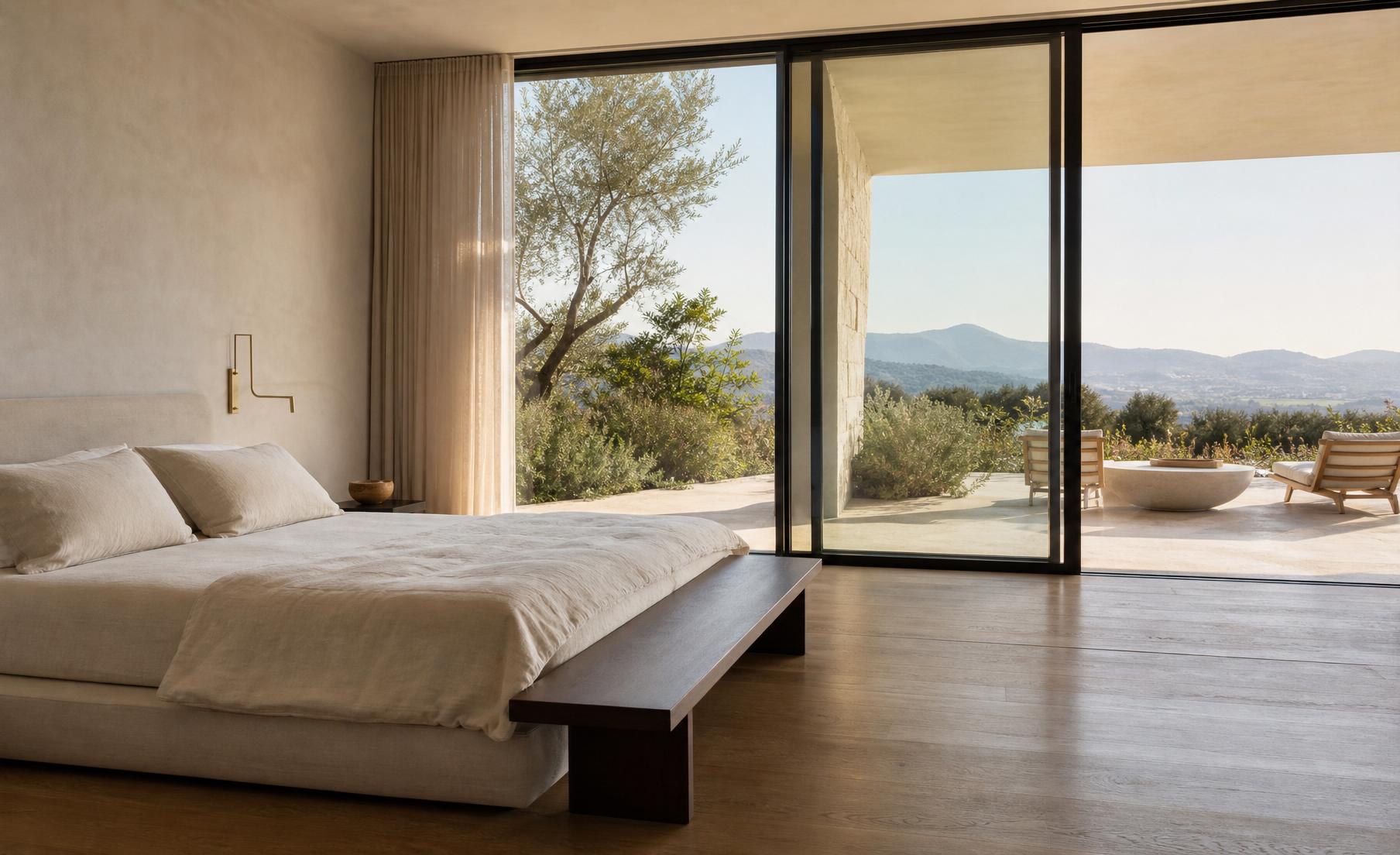 Primary suite with linen-dressed platform bed and floor-to-ceiling glass opening onto a private terrace