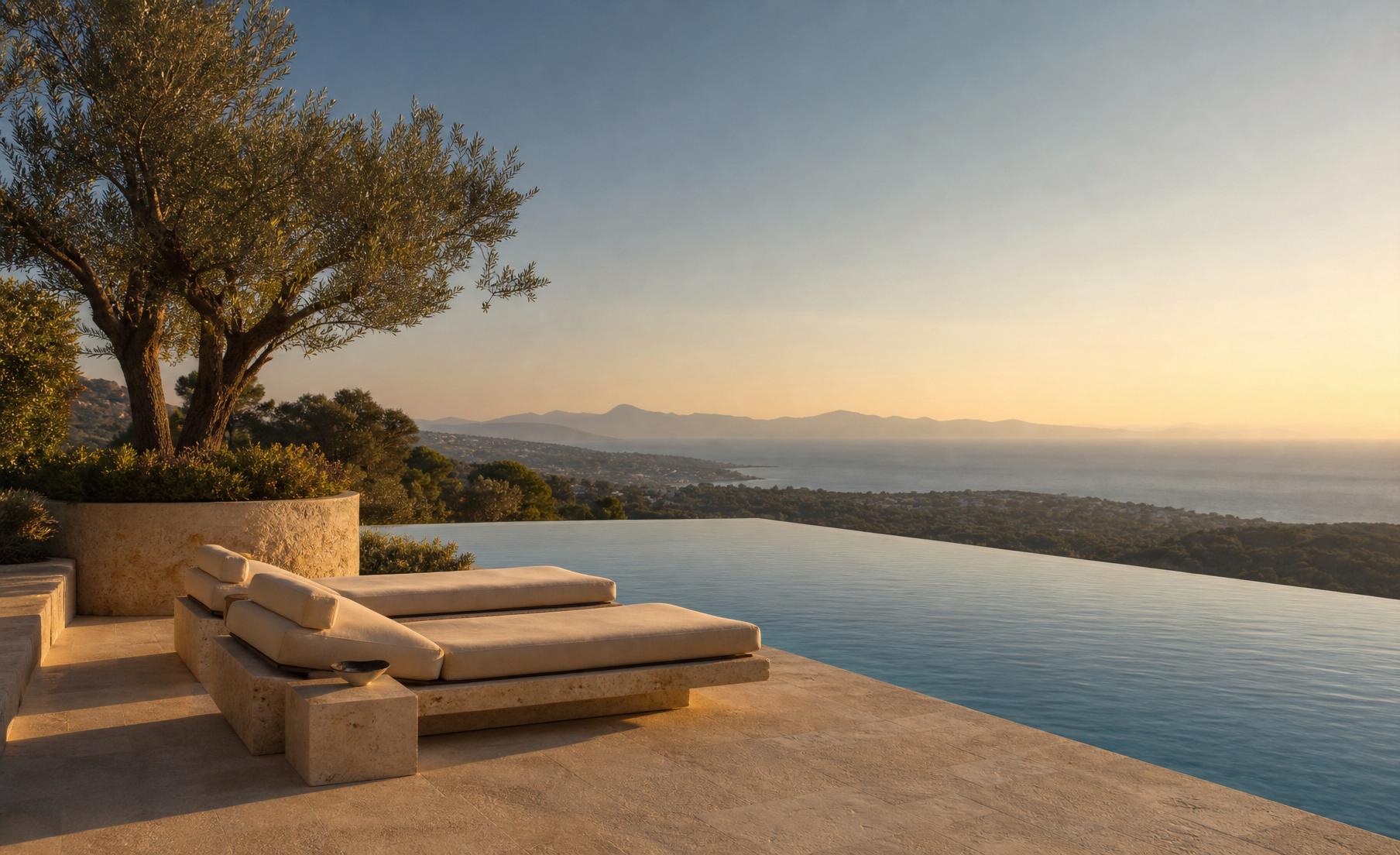 Private terrace with infinity pool overlooking the Mediterranean at golden hour