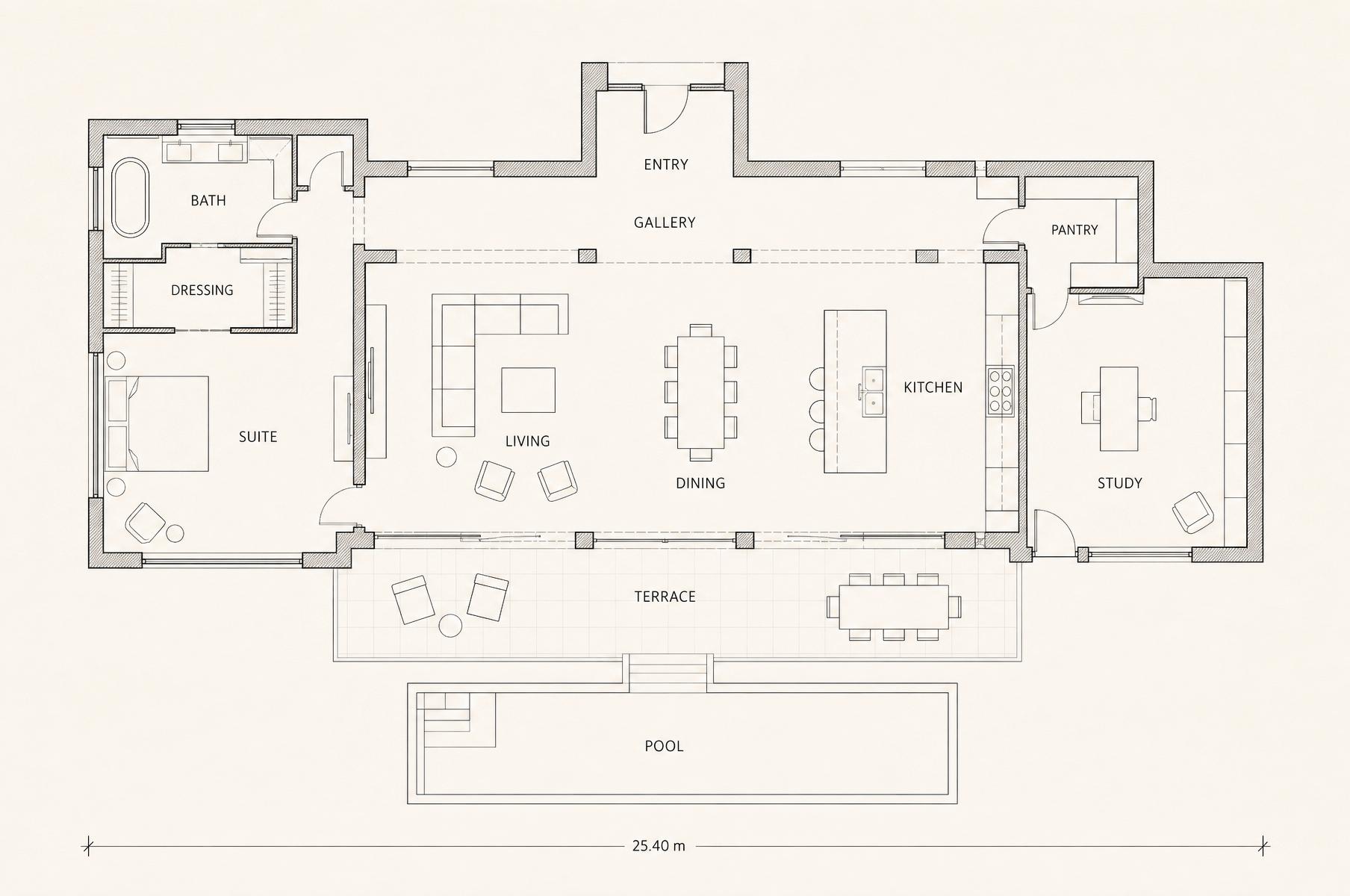 Architectural ground-floor plan of Villa Cipres showing entry, gallery, living, dining, kitchen, suite, terrace and pool
